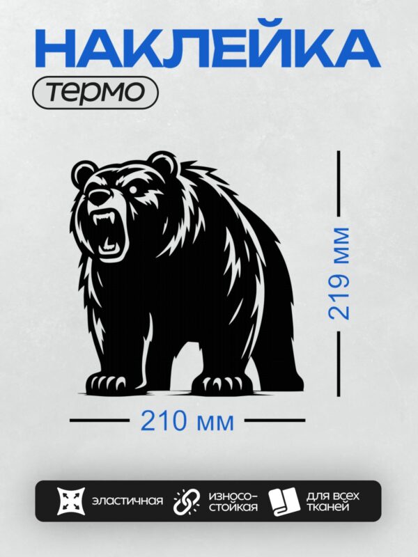 Термонаклейка на одежду DTF / Черно-белый медведь в агрессивной позе.