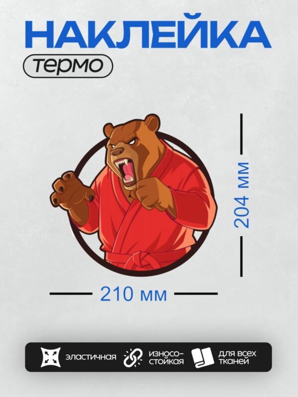 Термонаклейка на одежду DTF / Мультяшный медведь в красном кимоно, готовый к бою.