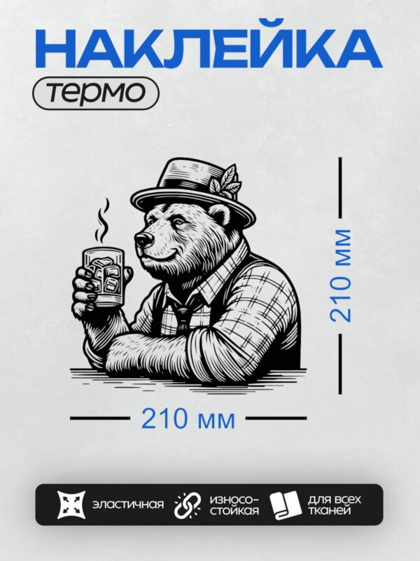 Термонаклейка на одежду DTF / Мультяшный медведь в шляпе пьет пиво.