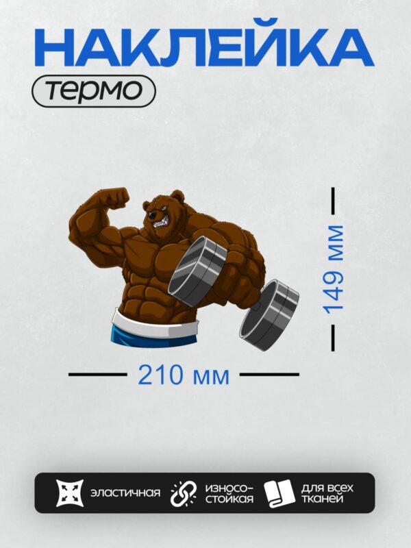Термонаклейка на одежду DTF / Мускулистый медведь с гантелями, мультяшный стиль.