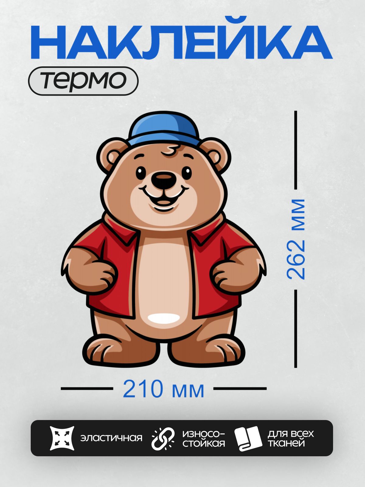 Термонаклейка на одежду DTF / Мультяшный медведь в красной куртке и синей кепке.