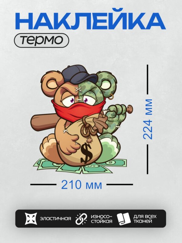 Термонаклейка на одежду DTF / Мультяшный медведь с деньгами и красной банданой.