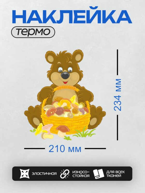 Термонаклейка на одежду DTF / Медвежонок с корзиной грибов и ягод.
