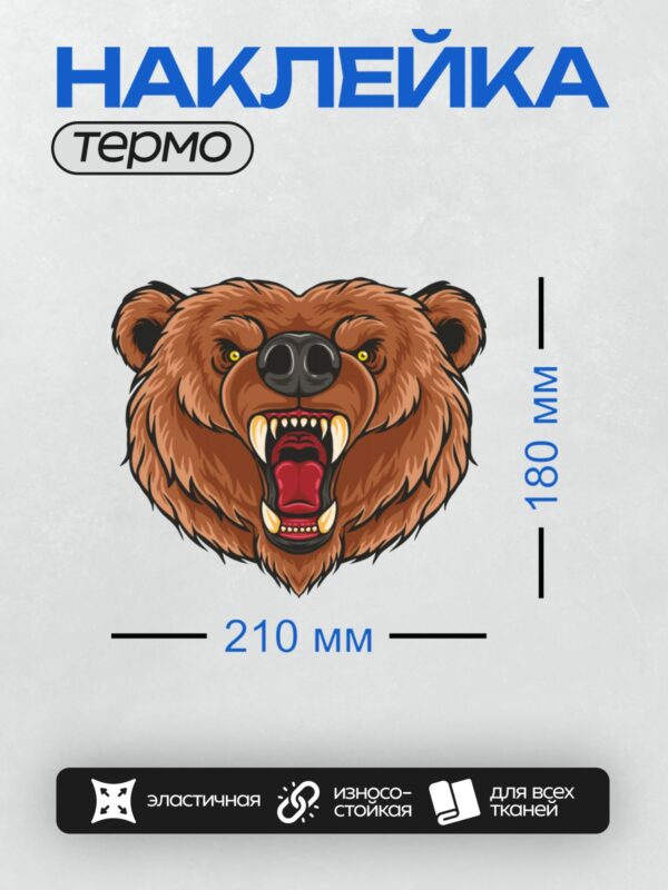 Термонаклейка на одежду DTF / Злой медведь с открытой пастью и острыми зубами.