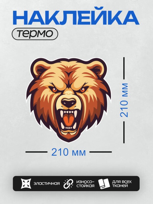 Термонаклейка на одежду DTF / Стилизованная голова медведя с агрессивным выражением.