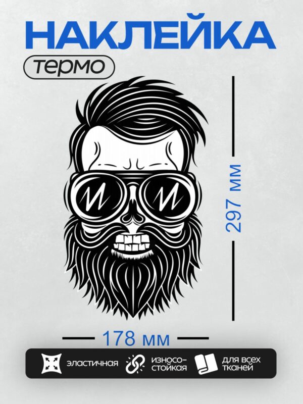 Термонаклейка на одежду DTF / Стилизованный череп с бородой и очками.