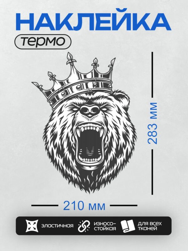 Термонаклейка на одежду DTF / Медведь с короной, агрессивное выражение.