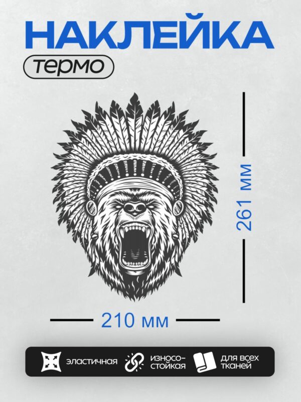 Термонаклейка на одежду DTF / Черно-белый медведь в индейском головном уборе.