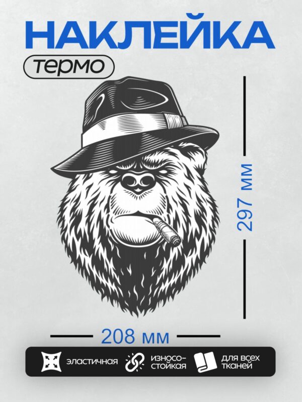 Термонаклейка на одежду DTF / Горилла в шляпе с сигарой, стильный рисунок.