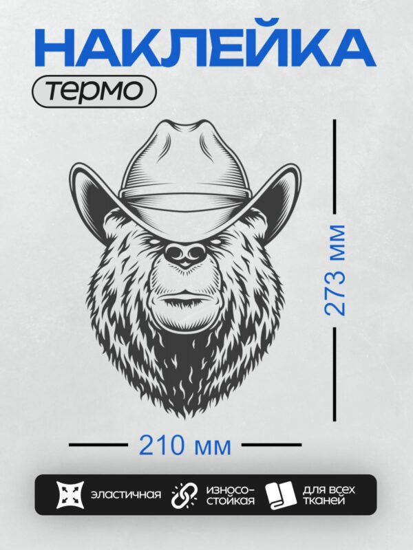 Термонаклейка на одежду DTF / Черно-белый медведь в ковбойской шляпе.