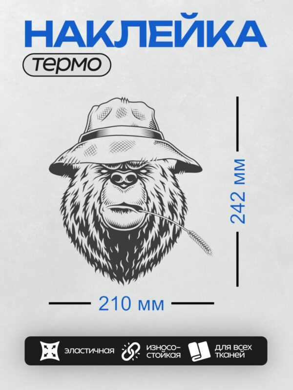 Термонаклейка на одежду DTF / Стилизованный медведь в шляпе с пшеничным колосом.