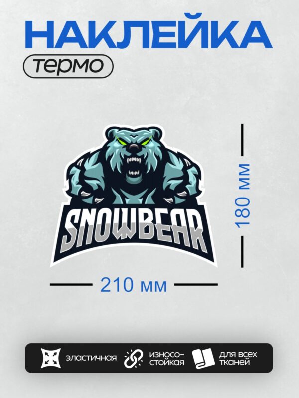 Термонаклейка на одежду DTF / Снежный медведь с яркими глазами и надписью "SNOWBEAR".
