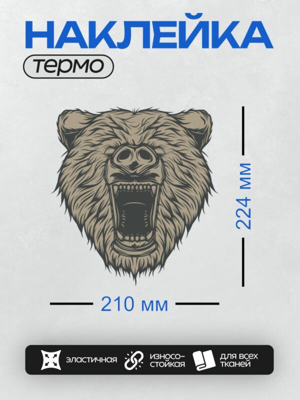 Термонаклейка на одежду DTF / Оскал медведя, агрессивный и детализированный рисунок.