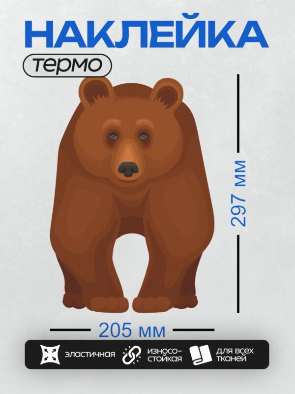 Термонаклейка на одежду DTF / Мультяшный бурый медведь с добрыми глазами.
