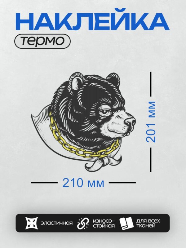 Термонаклейка на одежду DTF / Стилизованный медведь с золотой цепью на шее.