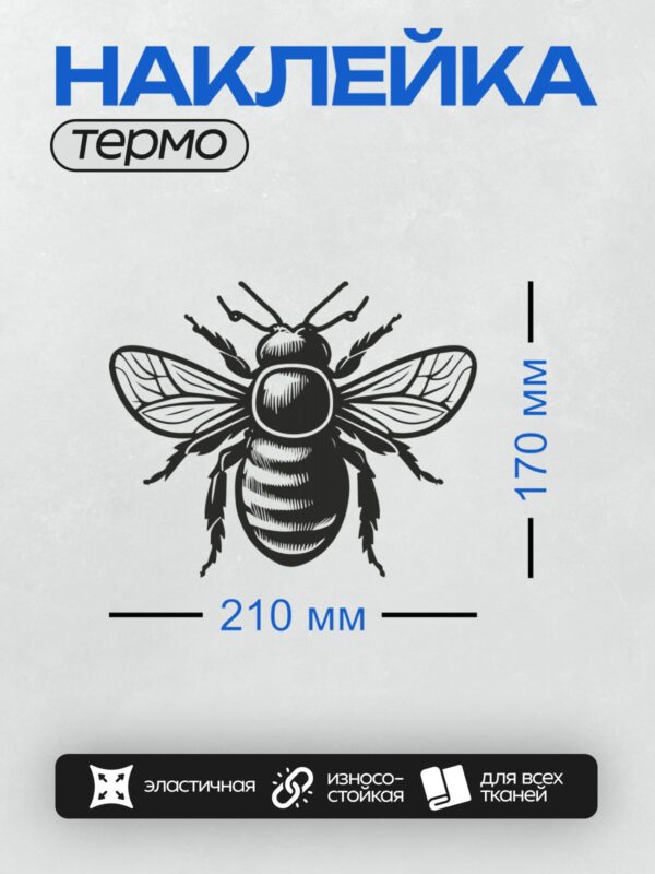 Термонаклейка на одежду DTF / Черно-белая пчела с четкими контурами и деталями.