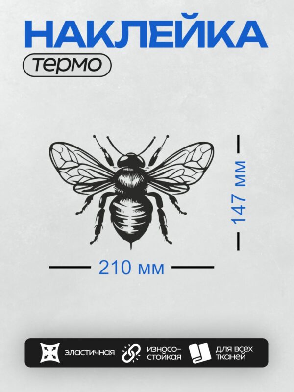 Термонаклейка на одежду DTF / Черно-белая пчела с детализированными крыльями.