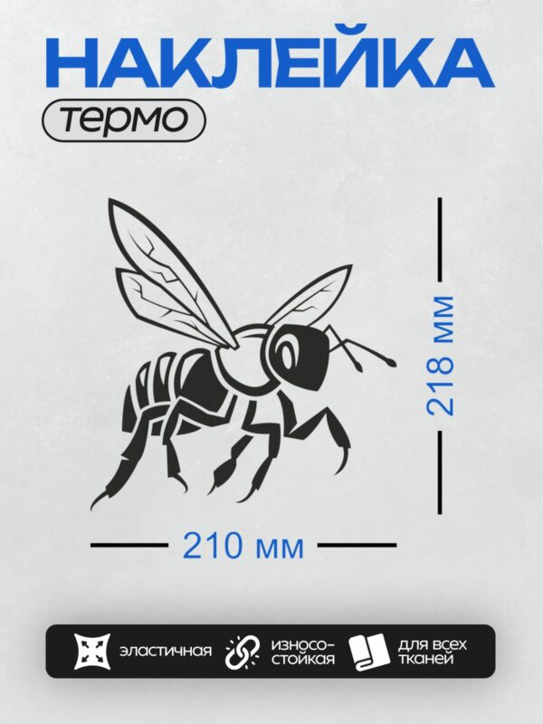 Термонаклейка на одежду DTF / Черно-белая пчела с большими крыльями и четкими узорами.