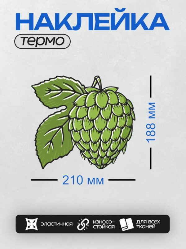 Термонаклейка на одежду DTF / Зеленая шишка хмеля с крупными листьями.