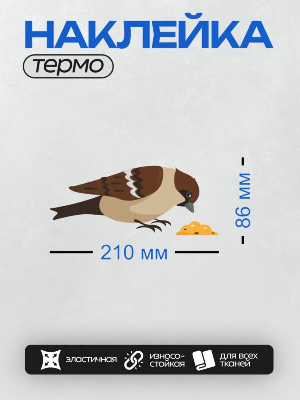 Термонаклейка на одежду DTF / Мультяшный воробей ест крошки на белом фоне.