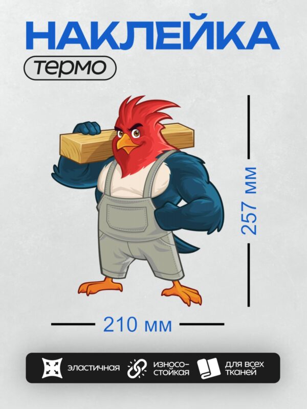 Термонаклейка на одежду DTF / Мускулистый мультяшный петух в комбинезоне с доской.