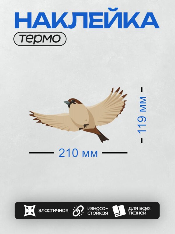 Термонаклейка на одежду DTF / Воробей в полёте с расправленными крыльями.