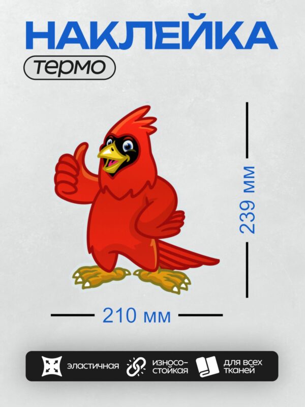 Термонаклейка на одежду DTF / Мультяшный кардинал с красным оперением, показывает "палец вверх".