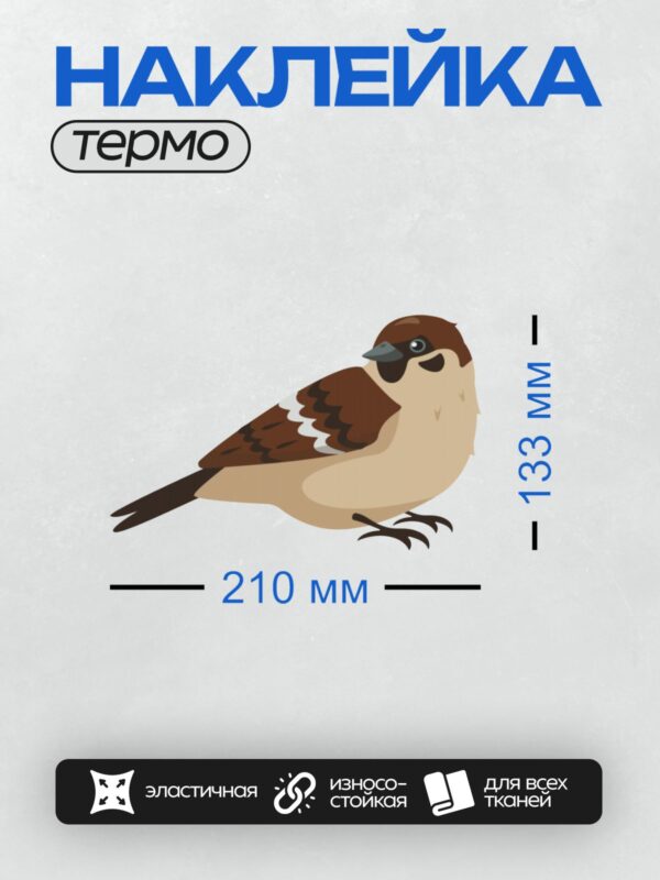 Термонаклейка на одежду DTF / Мультяшный воробей с коричневыми перьями и черным клювом.