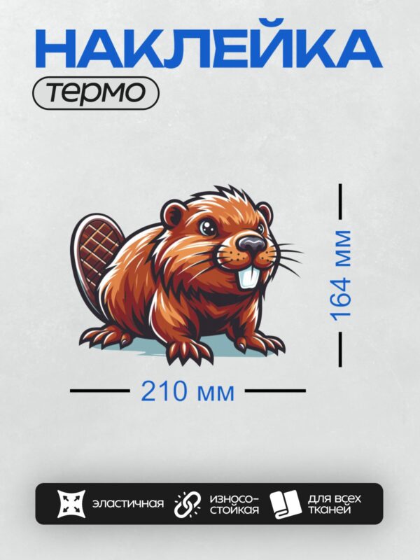 Термонаклейка на одежду DTF / Мультяшный бобр с большими зубами и пушистым хвостом.