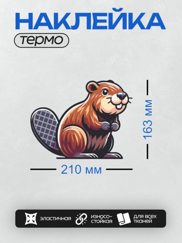 Термонаклейка на одежду DTF / Мультяшный бобр с пушистым хвостом и большими зубами.