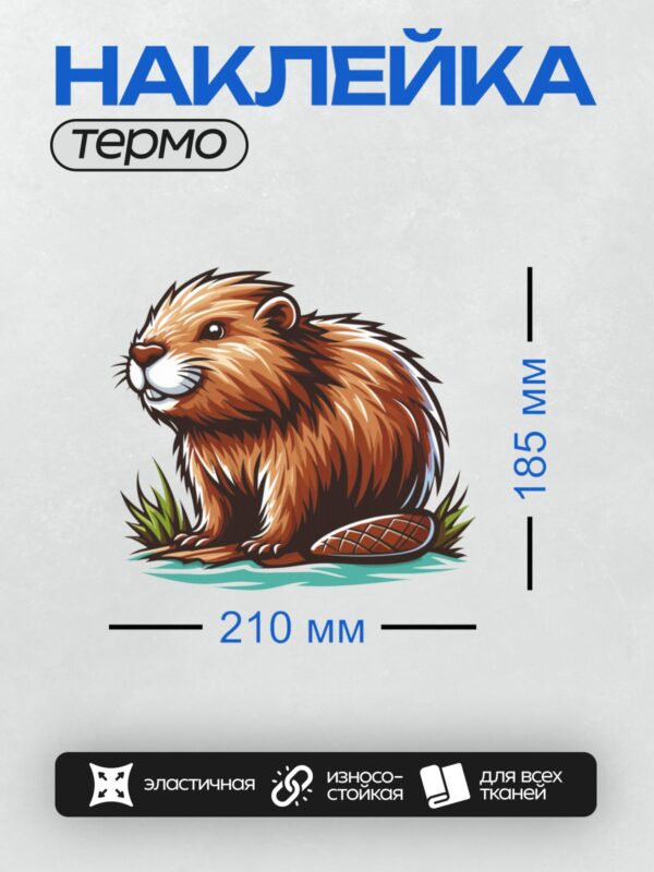 Термонаклейка на одежду DTF / Мультяшный бобр с пушистым хвостом и дружелюбным видом.