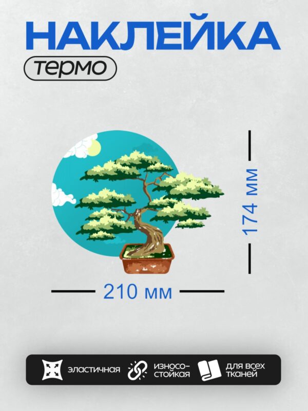 Термонаклейка на одежду DTF / Бонсай в горшке на фоне голубого неба и облаков.