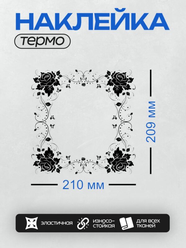 Термонаклейка на одежду DTF / Черно-белая рамка с розами и завитками.