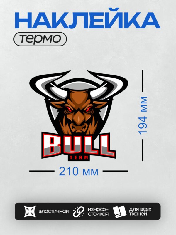 Термонаклейка на одежду DTF / Логотип с головой быка и надписью "BULL TEAM".