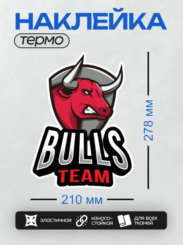 Термонаклейка на одежду DTF / Красный бык на фоне щита, надпись "Bulls Team".
