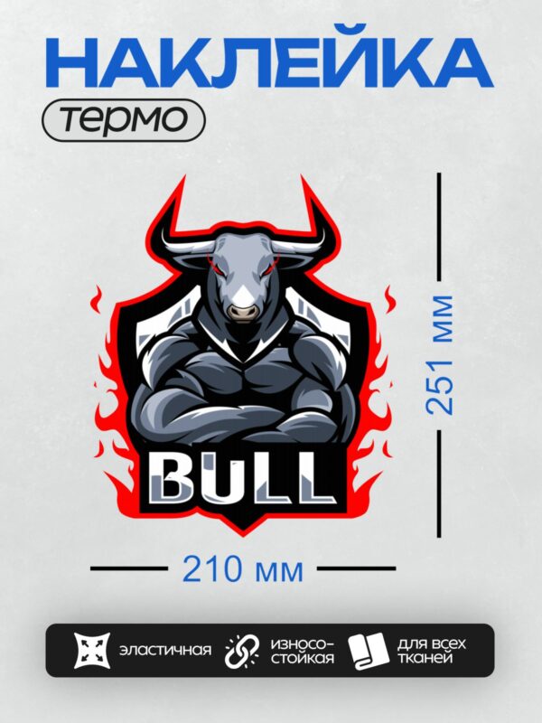 Термонаклейка на одежду DTF / Мускулистый бык с огненным фоном и надписью "BULL".
