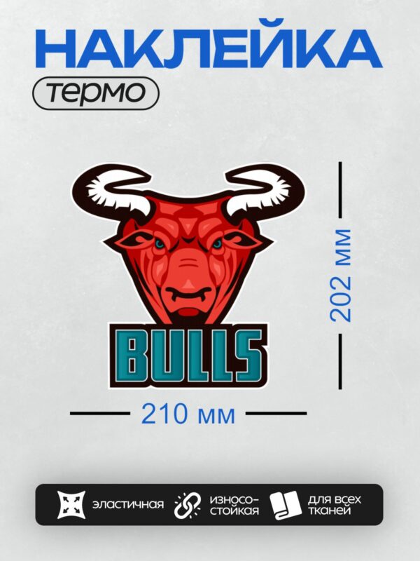 Термонаклейка на одежду DTF / Красный бык с черными рогами и надписью "BULLS".