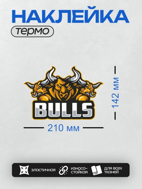 Термонаклейка на одежду DTF / Три головы быков, надпись "BULLS", яркий дизайн.