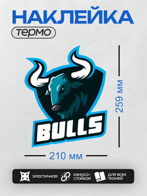 Термонаклейка на одежду DTF / Логотип с быком и надписью "BULLS" в синем стиле.