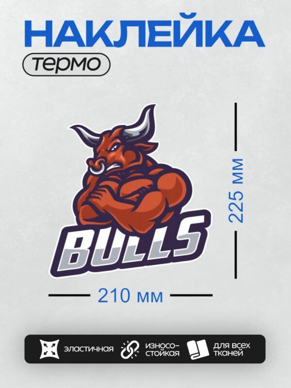 Термонаклейка на одежду DTF / Мускулистый бык с рогами, надпись "BULLS".