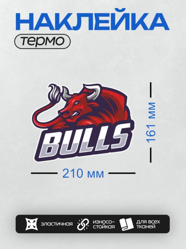Термонаклейка на одежду DTF / Красный бык с надписью "BULLS" в стиле логотипа.