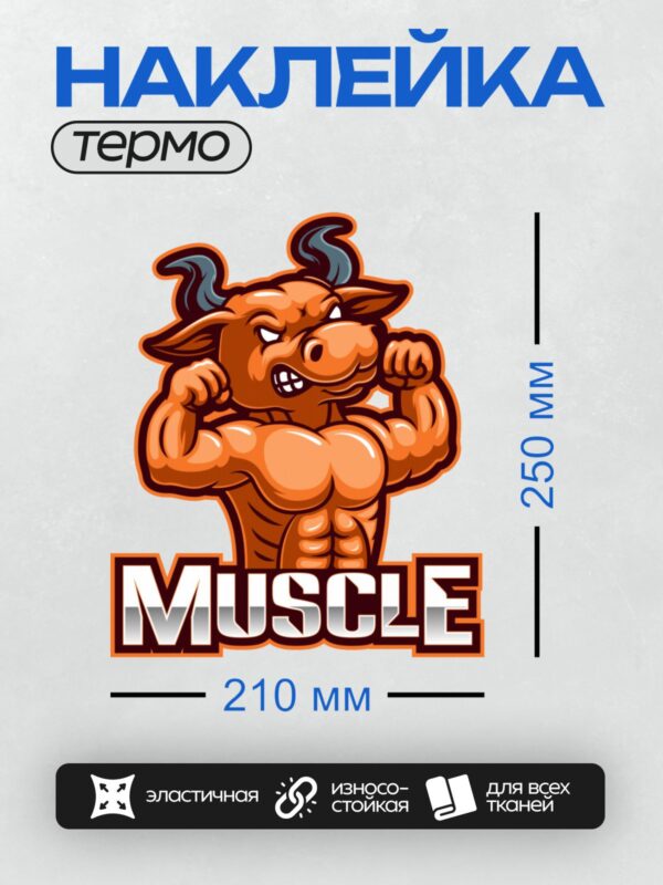 Термонаклейка на одежду DTF / Мускулистый мультяшный бык с надписью "Muscle".
