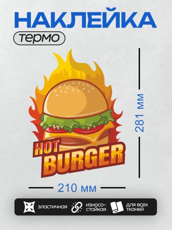 Термонаклейка на одежду DTF / Яркий логотип с бургером, окружённым пламенем.
