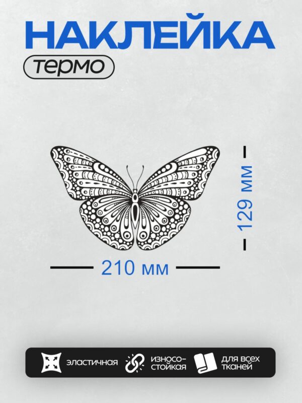 Термонаклейка на одежду DTF / Черно-белая бабочка с изысканным узором на крыльях.