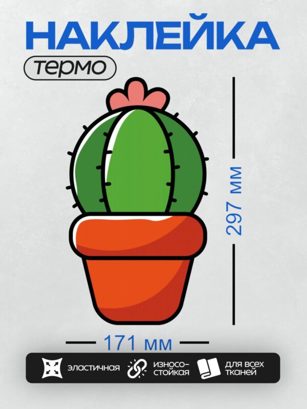 Термонаклейка на одежду DTF / Мультяшный кактус в горшке с розовым цветком.