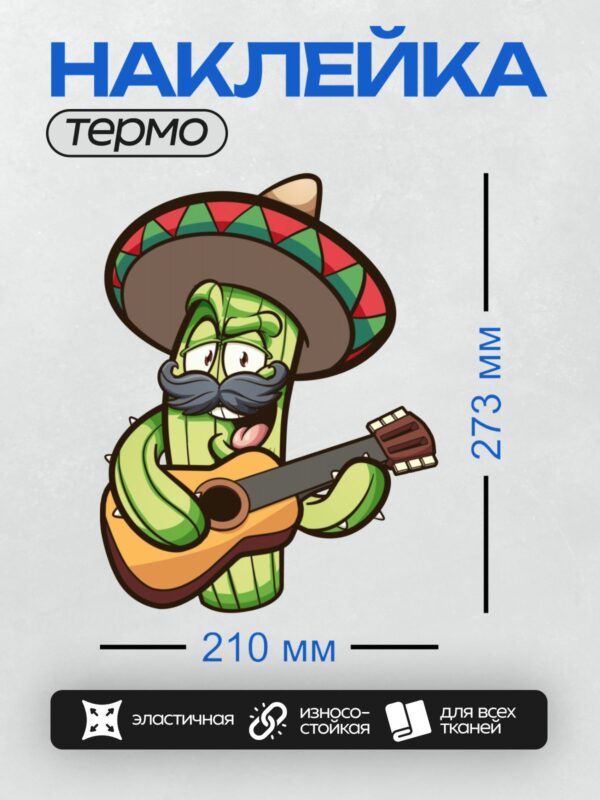 Термонаклейка на одежду DTF / Кактус в сомбреро играет на гитаре.