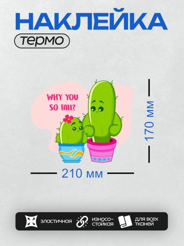 Термонаклейка на одежду DTF / Два мультяшных кактуса в горшках, один выше другого. Маленький кактус с цветком на голове смотрит на высокий кактус и спрашивает: "Почему ты такой высокий?".
