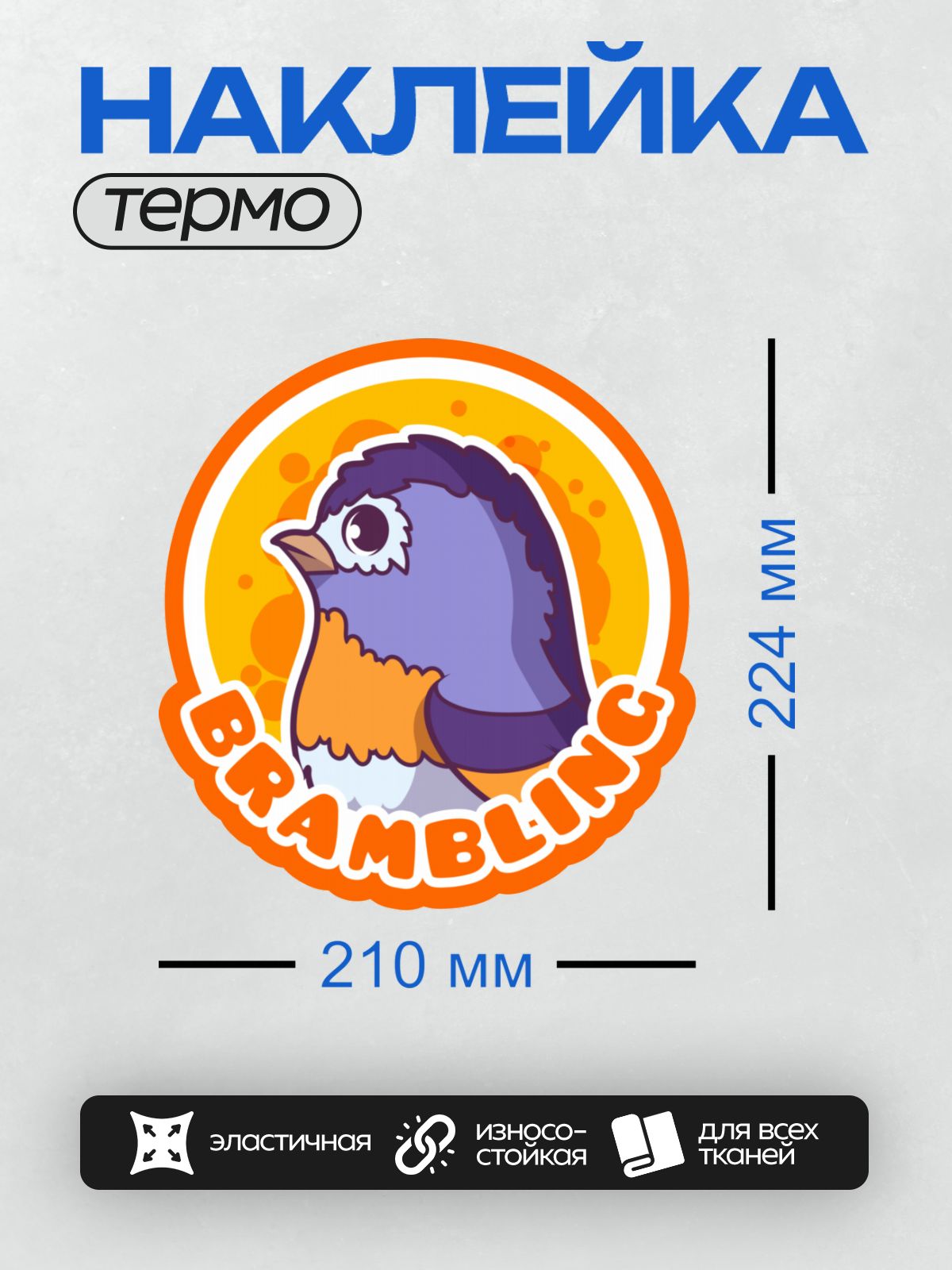 Термонаклейка на одежду DTF / Мультяшная птица с надписью "Parabird" на оранжевом фоне.