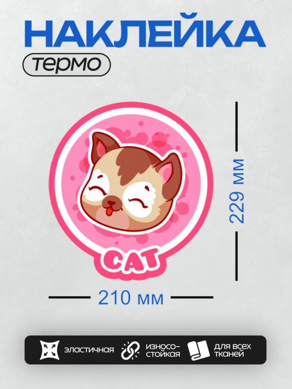 Термонаклейка на одежду DTF / Мультяшный кот с розовым фоном и надписью "CAT".