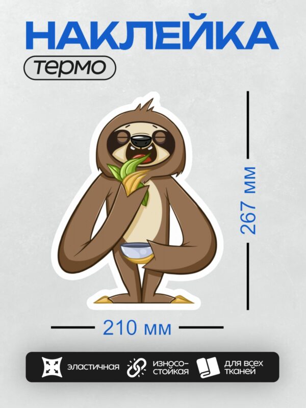 Термонаклейка на одежду DTF / Мультяшный ленивец с чашкой и листьями.